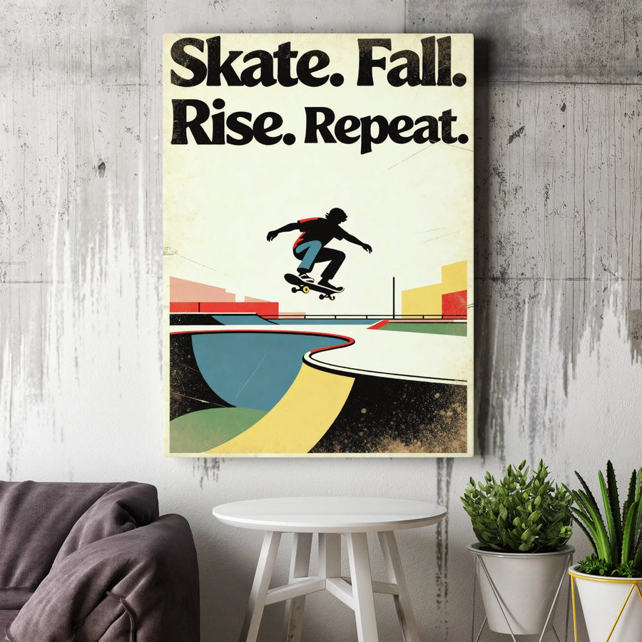 Skateboarding Motivational Wall Art | Skate Fall Rise Repeat Quote | Premium Gallery Wrap Canvas | Gift For Skater Teens And Adults