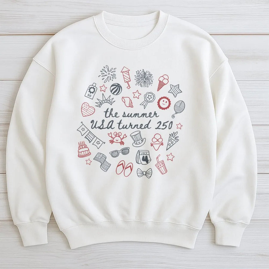 USA 250th Anniversary Sweatshirt | Retro Summer Doodle Graphic | Soft Cotton Blend | Patriotic Semiquincentennial Commemorative Gift