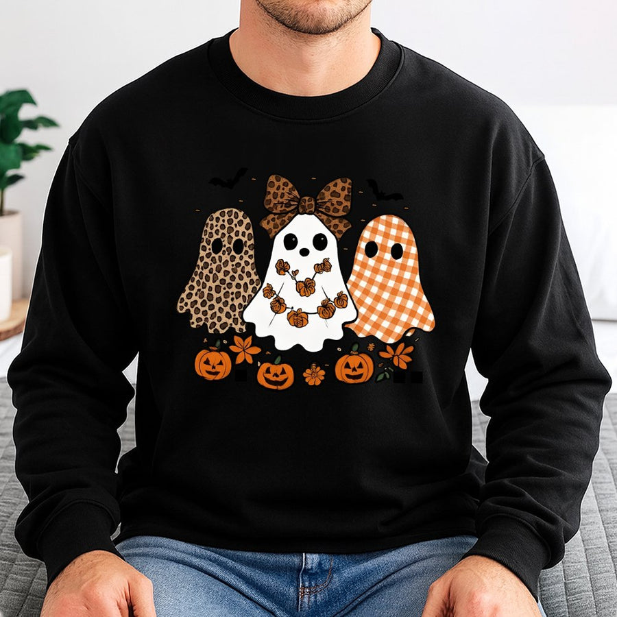 Cute Ghost Halloween Sweatshirt | Leopard Plaid Spooky Fall Crewneck | Premium Cotton Blend | Gift for Women & Teens