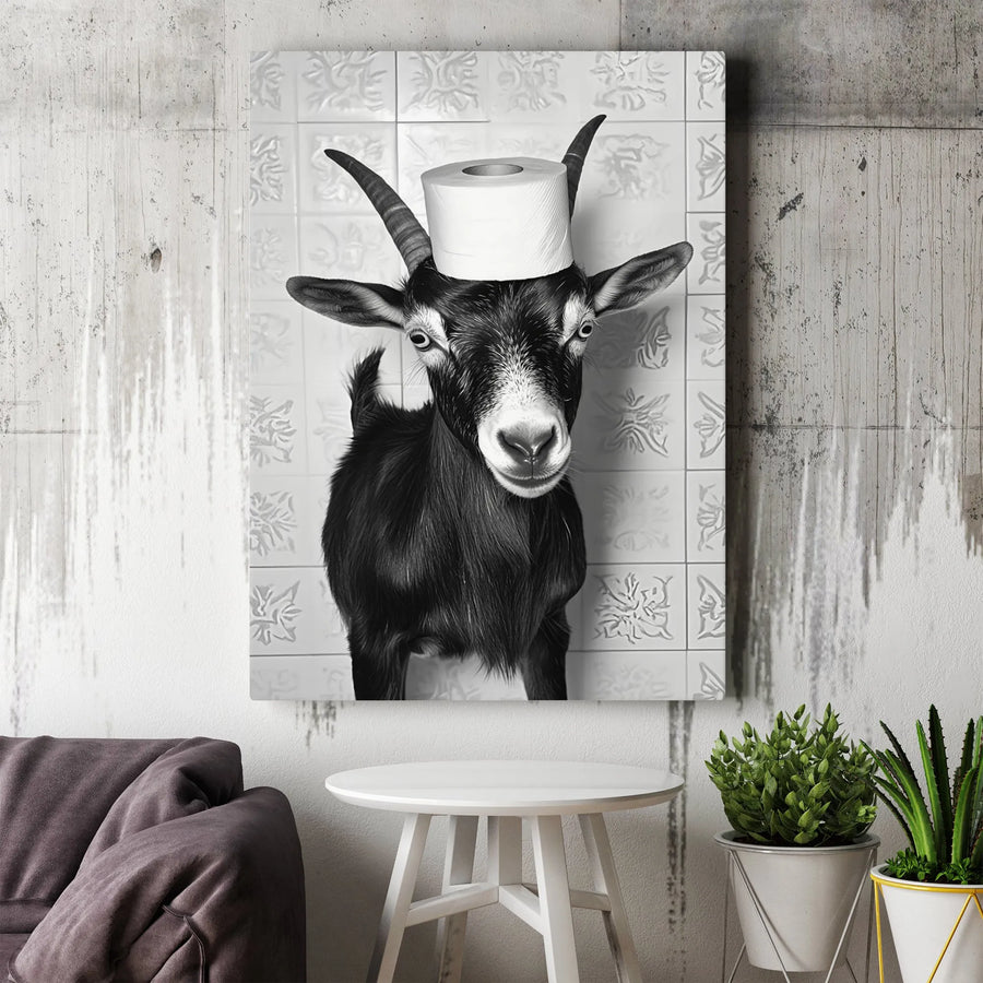 Funny Goat Canvas Wall Art | Whimsical Animal Toilet Paper Print | Premium Fade-Resistant Gallery Wrap | Unique Bathroom Decor Gift for Animal Lovers