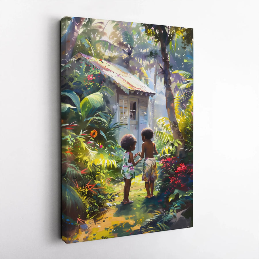 Tropical Garden Kids Canvas Art | Whimsical Jungle Landscape Print | Premium Gallery-Wrapped 1.25" Profile | Black Children Wall Decor Gift