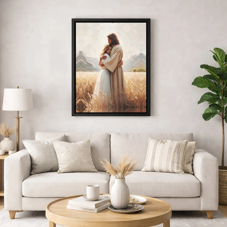 Jesus Embracing Woman Canvas Art | Oil Painting Style Religious Wall Decor | Premium Fade-Resistant Print | Spiritual Christian Gift Home Interior