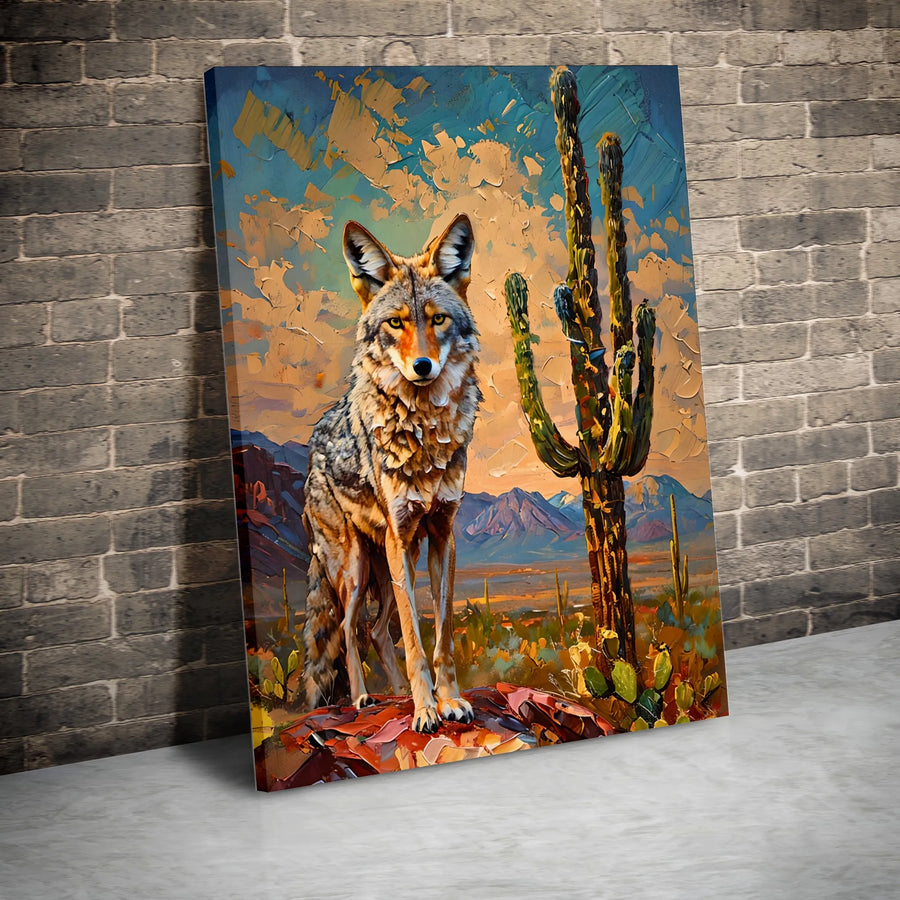 Coyote Canvas Wall Art | Textured Impasto Style Desert Painting | Premium 1.25" Thick Gallery Wrap | Southwestern Home Decor Gift