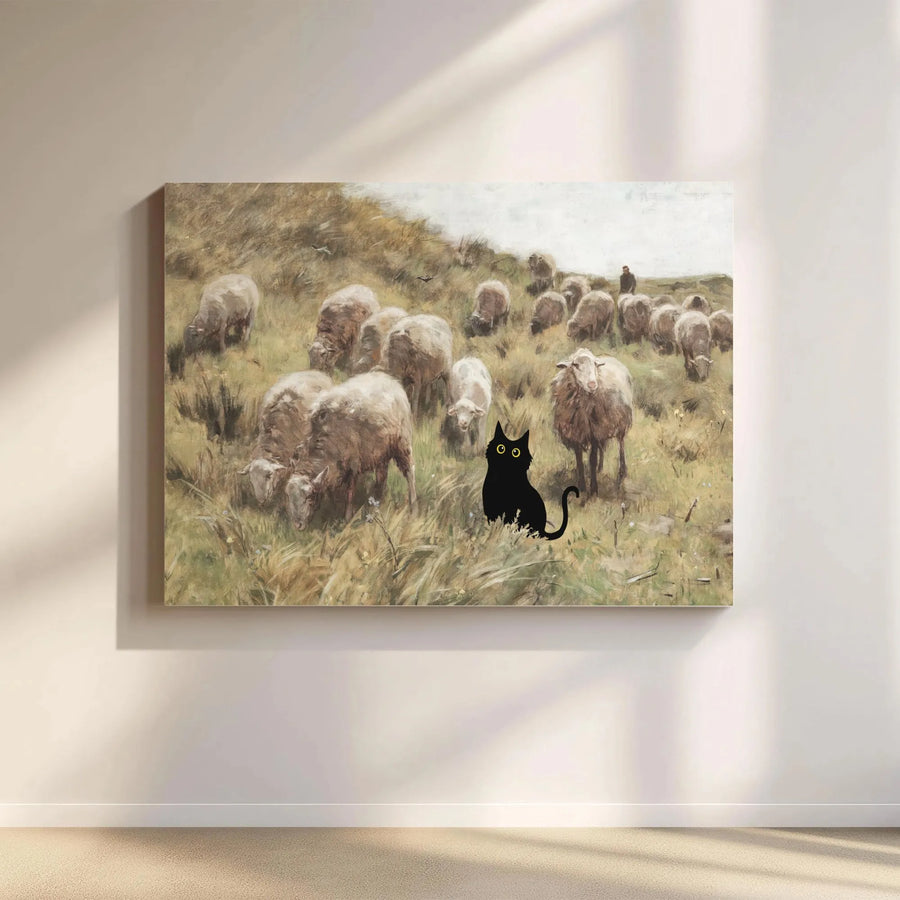Black Cat Among Sheep Canvas Print | Whimsical Oil Painting Style | Premium Gallery Wrap Wall Art | Unique Farmhouse Decor Gift