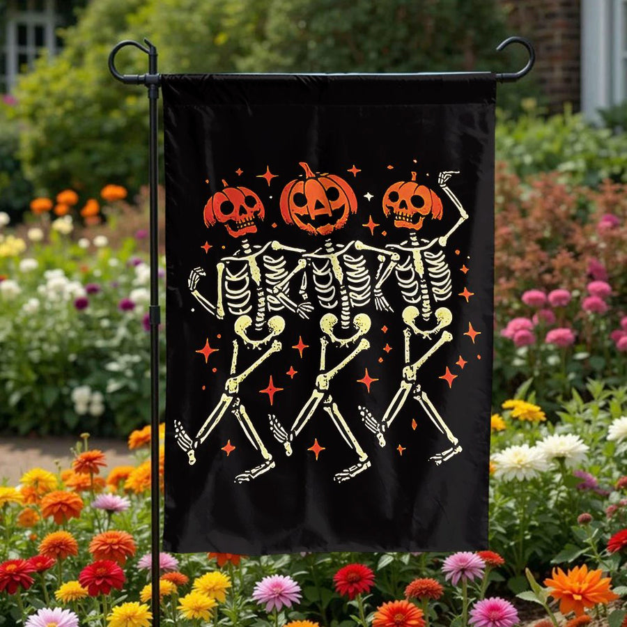 Dancing Skeleton Pumpkin Garden Flag | Retro Halloween Yard Decor | Durable Weather-Resistant Polyester | Spooky Outdoor Seasonal Gift