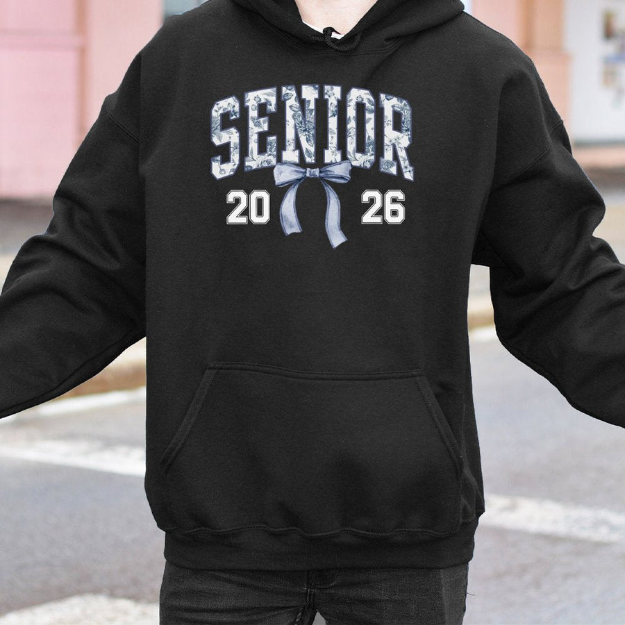 Senior 2026 Hoodie | Coquette Blue Toile Bow Aesthetic | Cotton-Polyester Premium Blend | Graduation Gift for Her