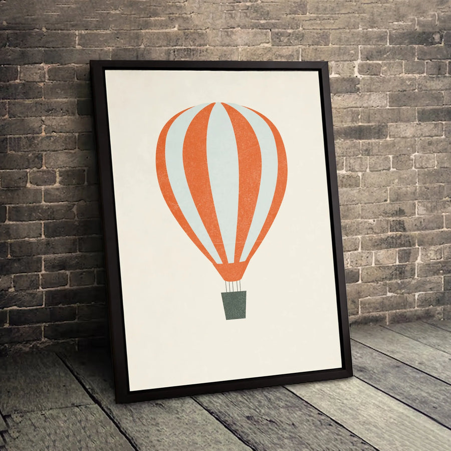 Minimalist Hot Air Balloon Wall Art | Orange & Blue Striped Nursery Decor | Gallery Quality Canvas Print | Modern Home & Office Accent