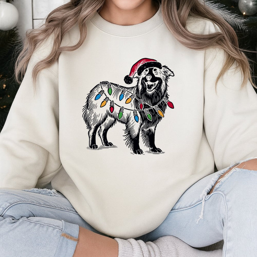 Australian Shepherd Christmas Sweatshirt | Festive Santa Hat and Lights Graphic | Soft Cotton Blend Unisex Pullover | Holiday Dog Lover Gift