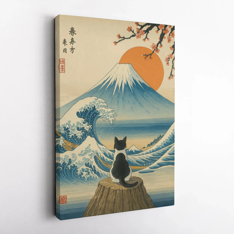 Japanese Cat Wall Art | Ukiyo-E Great Wave & Mt Fuji Style | Premium Gallery Wrap Canvas | Unique Home Decor Gift for Cat Lovers
