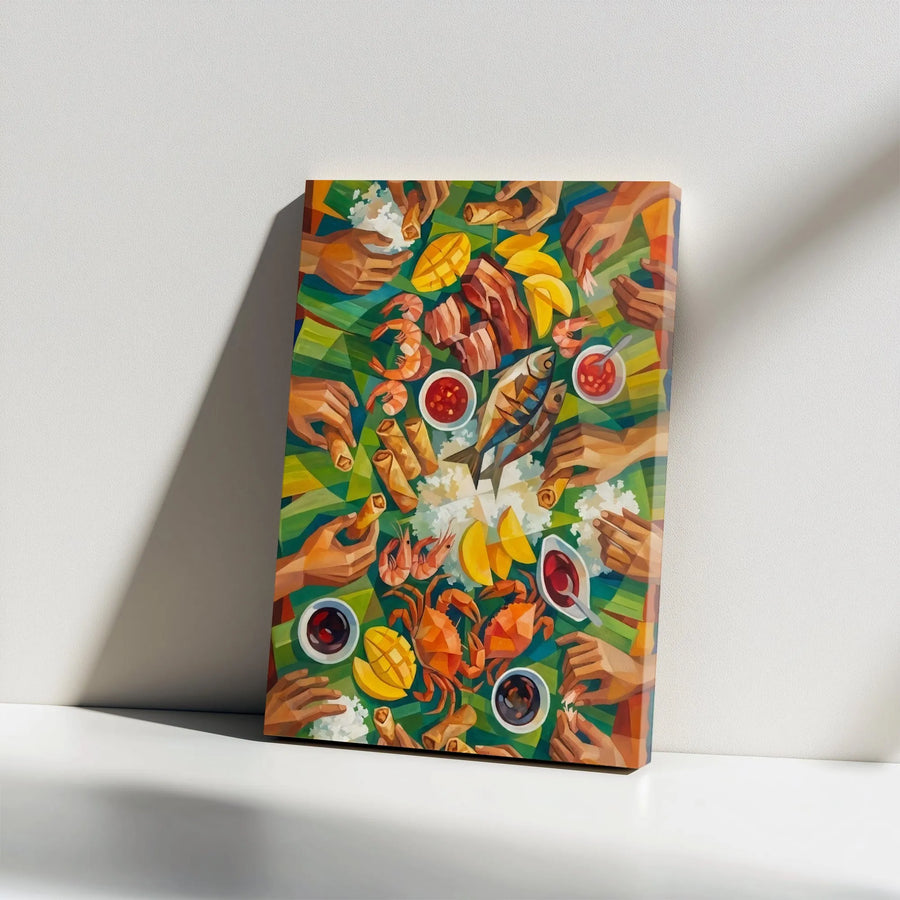 Filipino Boodle Fight Canvas Wall Art | Kamayan Feast Geometric Food Print | Premium Gallery Wrapped Decor | Kitchen Dining Room Gift