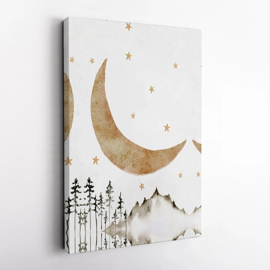 Crescent Moon Wall Art | Watercolor Forest and Mountain Landscape | Premium Gallery-Wrapped Canvas | Nursery Decor or Boho Home Gift