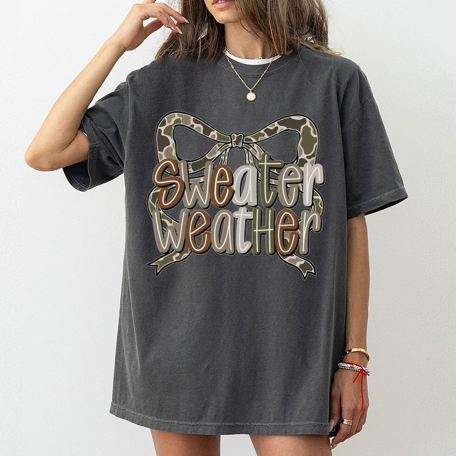 Sweater Weather T-Shirt | Camo Western Coquette Bow Graphic | Premium 100% Cotton Tee | Trendy Fall Gift for Women & Teens
