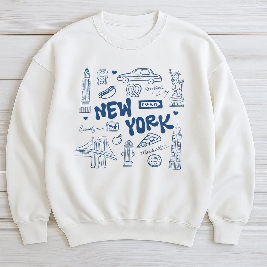New York City Sweatshirt | Doodle Collage Landmark Print | Premium Cotton Blend | NYC Tourist Souvenir Gift for Men & Women