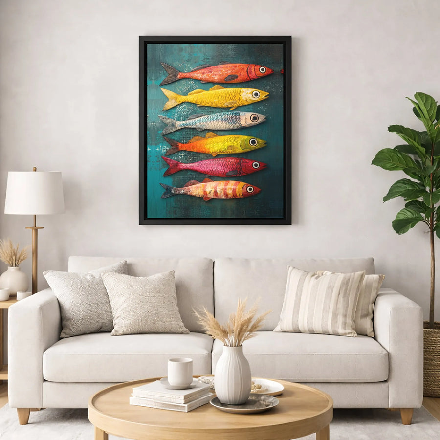 Colorful Fish Folk Art Canvas Print | Rustic Nautical Wall Decor | Premium 1.25-Inch Gallery Wrap | Coastal Living Room Gift
