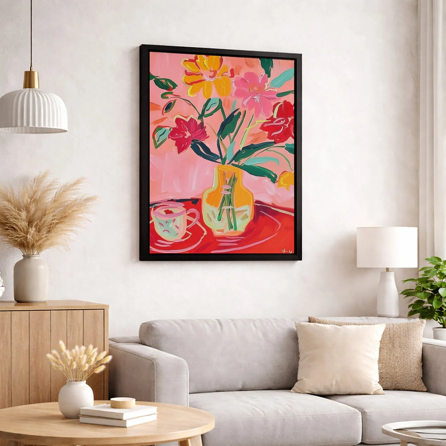 Abstract Floral Still Life Canvas Art | Vibrant Vase and Teacup Painting | Gallery-Wrapped Premium Print | Modern Botanical Home Decor Gift