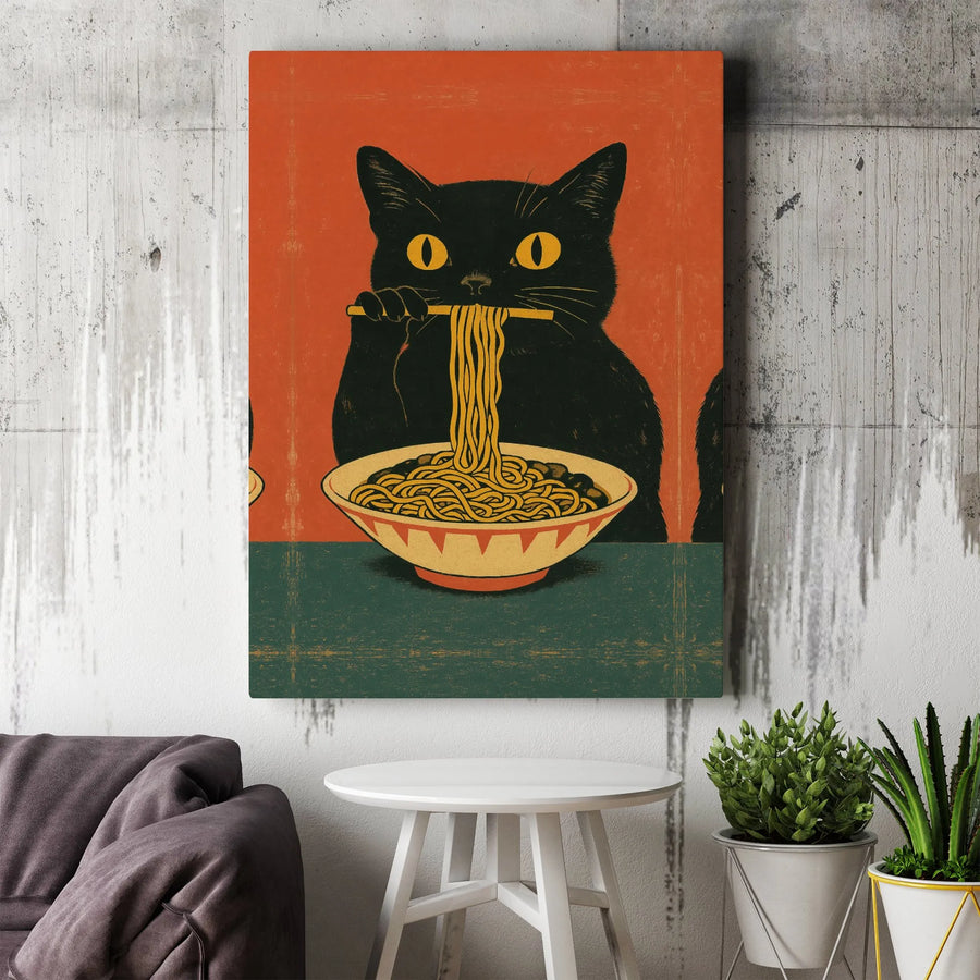 Black Cat Ramen Wall Art | Vintage Japanese Style Cat Illustration | Premium Gallery Wrapped Canvas | Quirky Kitchen Decor Gift for Cat Lovers