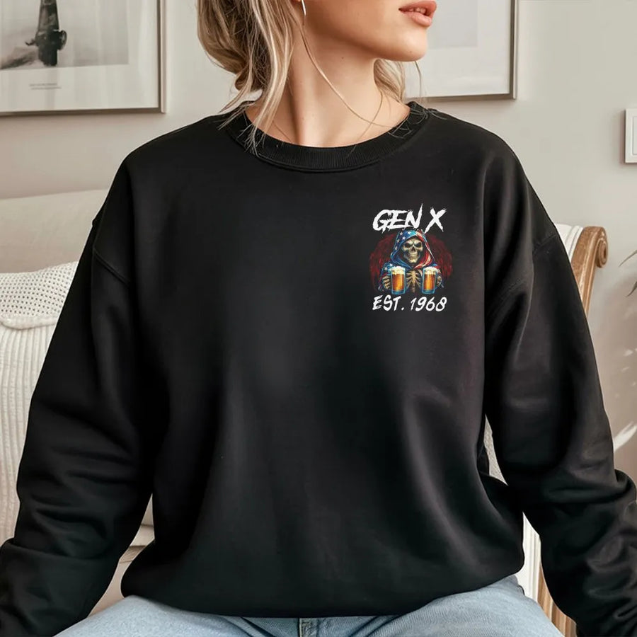 Gen X Sweatshirt | Funny Skull Beer Graphic EST. 1968 | Premium Cotton Blend | Nostalgic Birthday Gift for Men & Women
