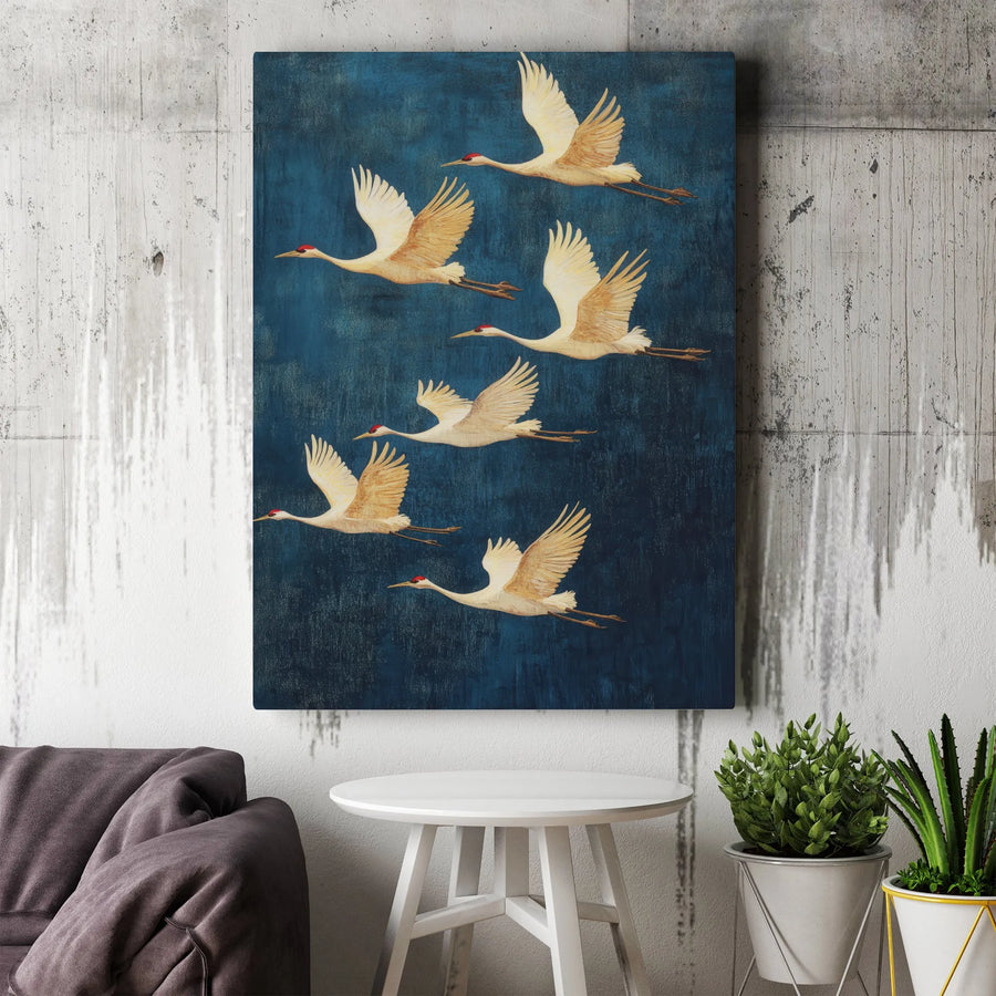 Japanese Red-Crowned Crane Wall Art | Vintage Style Flying Bird Print | Premium Gallery Wrap Canvas | Elegant Nature Home Decor Gift