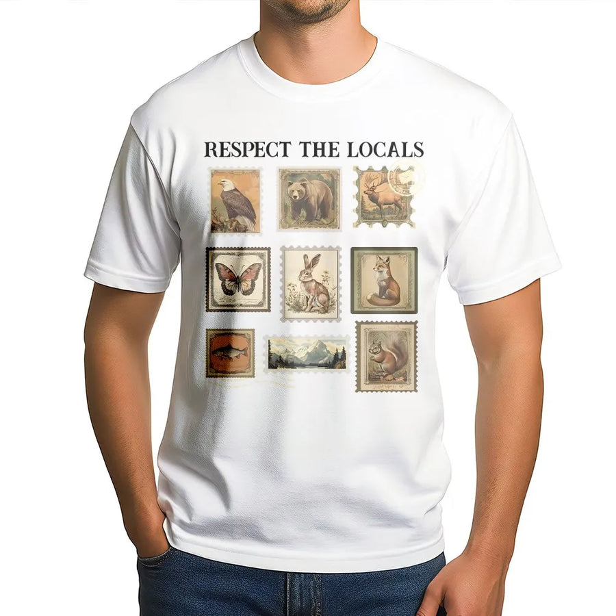 Respect The Locals Wildlife T-Shirt | Vintage Postage Stamp Animal Graphic | Premium Soft Cotton | Gift for Nature Lover & National Park Hiker