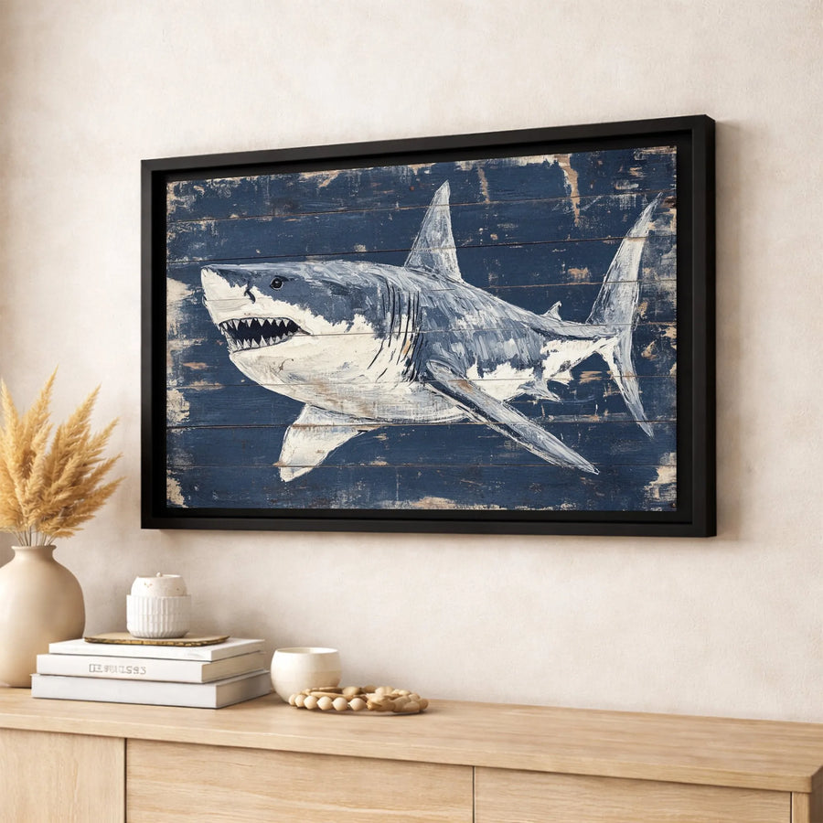 Great White Shark Wall Art | Rustic Nautical Coastal Decor | Premium Gallery Wrap Canvas | Ocean Animal Lover Gift