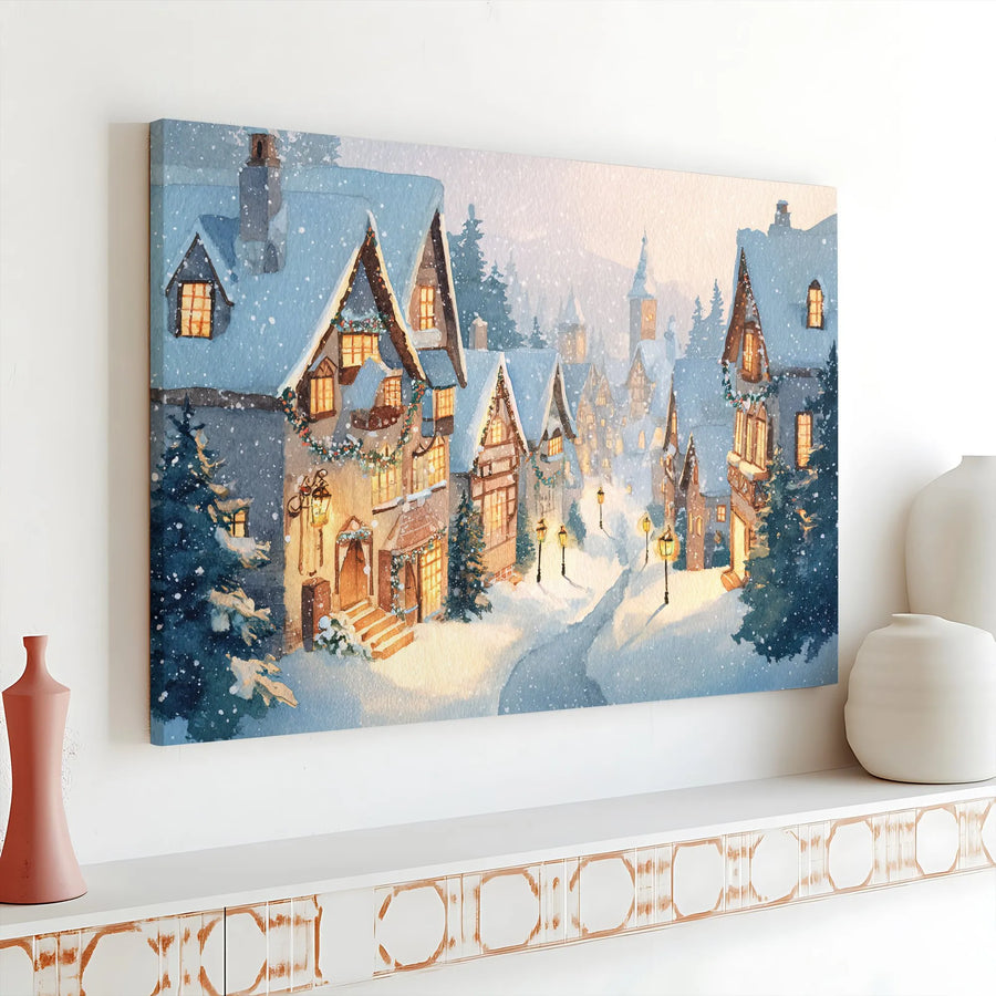Christmas Village Canvas Wall Art | Cozy Winter Town Watercolor Painting | Premium Holiday Home Decor | Seasonal Decoration Gift