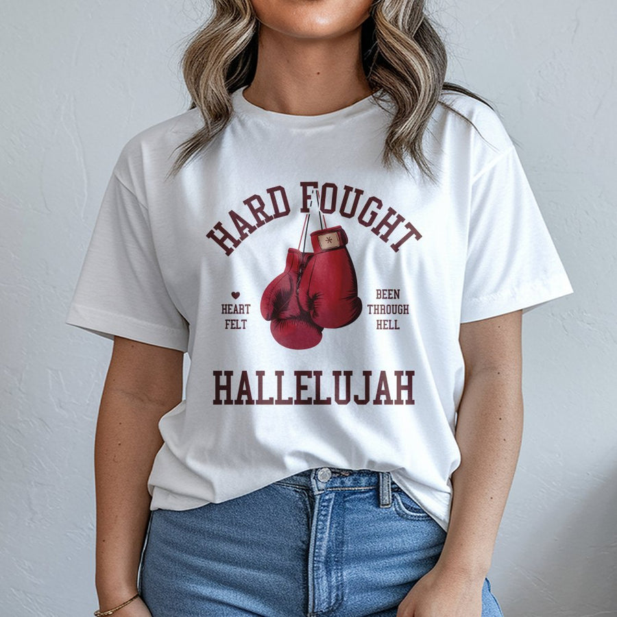 Hard Fought Hallelujah T-Shirt | Christian Boxing Faith Graphic Tee | Premium 100% Cotton | Religious Gift for Men and Women