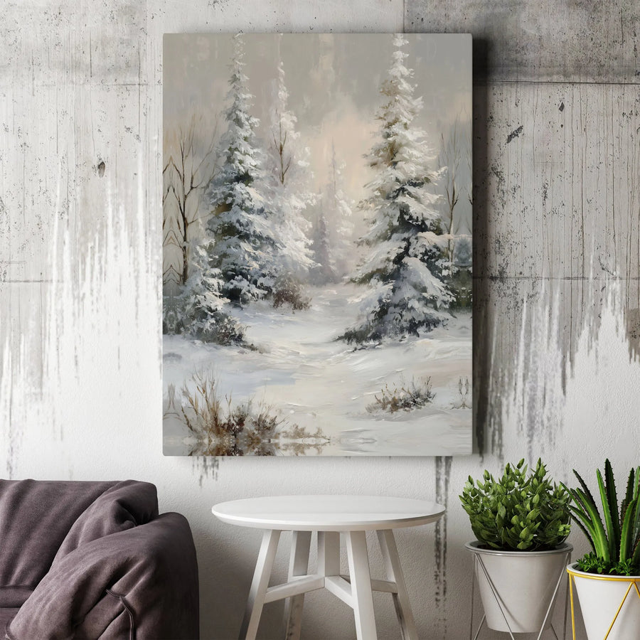 Winter Forest Canvas Print | Snowy Pine Tree Landscape Oil Painting Style | Gallery Wrapped Premium Wall Art | Seasonal Home Decor Gift
