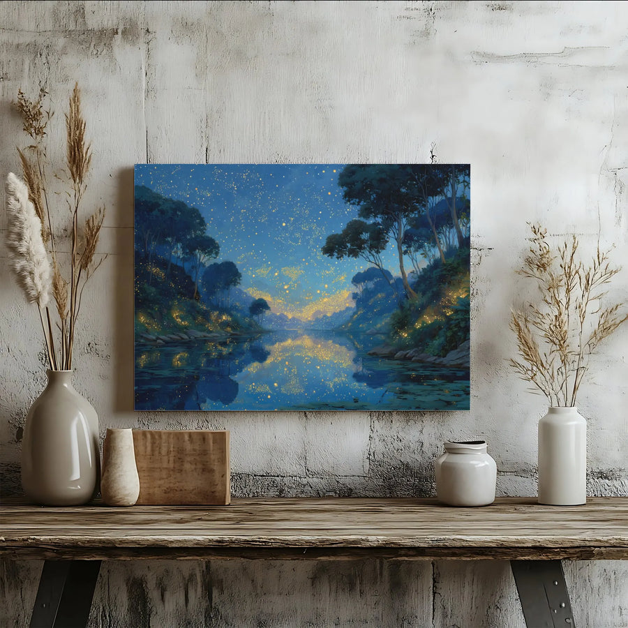 Enchanted Forest Canvas Wall Art | Glowing Firefly River Landscape | Premium Gallery-Wrapped Print | Whimsical Nature Decor for Home Office