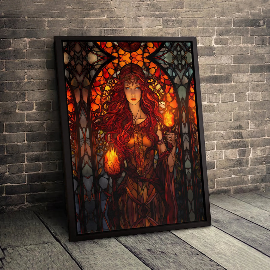 Stained Glass Fire Goddess Canvas Print | Red-Haired Fantasy Wall Art | Premium Gallery Wrapped Decor | Mythical Home Office Gift