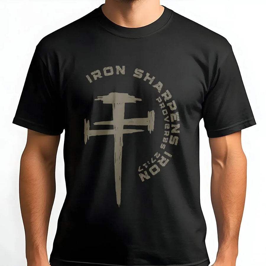 Iron Sharpens Iron T-Shirt | Proverbs 27:17 Cross Nail Design | Premium Cotton Religious Apparel | Christian Fitness Gift for Men and Women