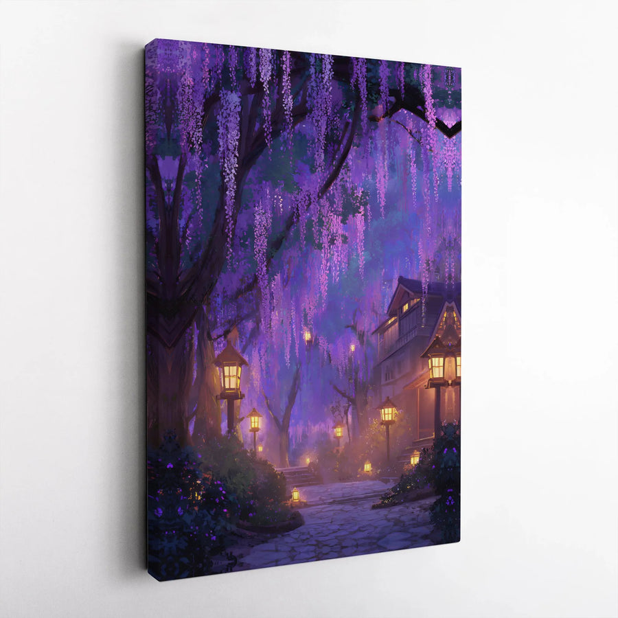 Japanese Wisteria Garden Canvas Art | Magical Night Forest Landscape with Lanterns | Premium Gallery Wrapped | Fantasy Home Decor Gift