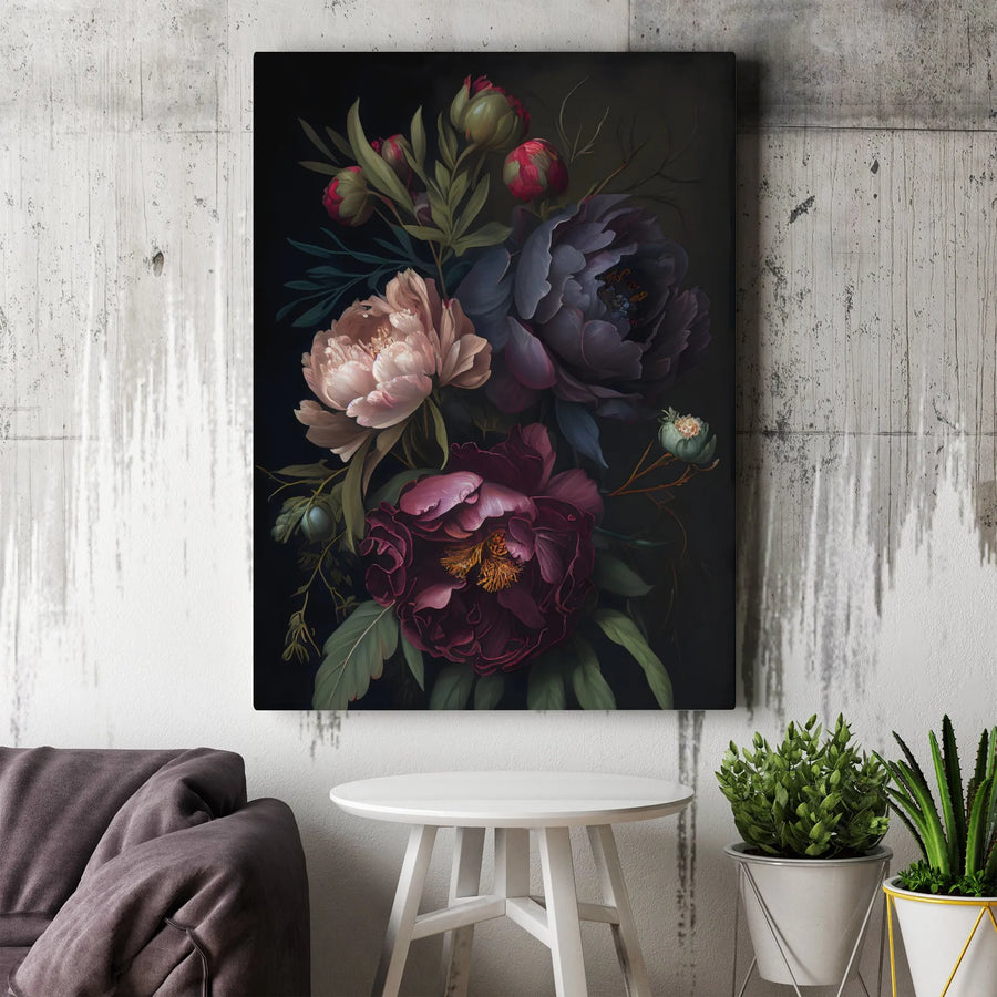 Dark Floral Canvas Art | Vintage Peony Bouquet Print | Premium Gallery Canvas | Moody Home Decor Gift