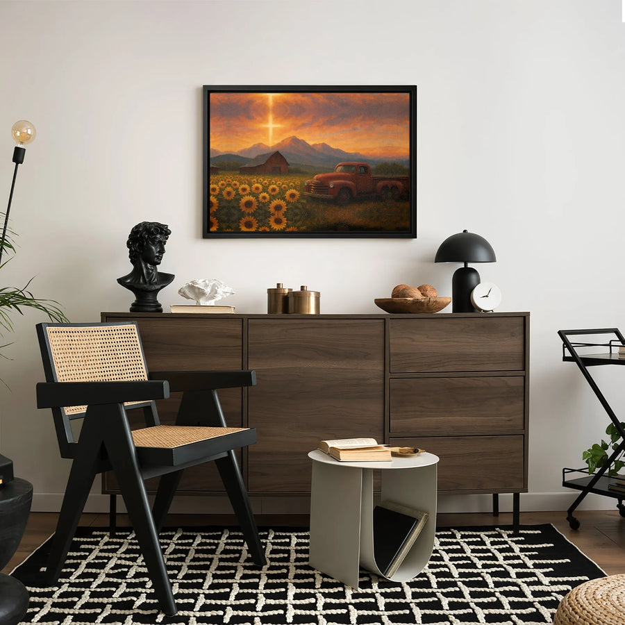 Sunflower Field Wall Art | Rustic Red Truck & Religious Cross Landscape | Premium Gallery Wrapped Canvas | Farmhouse Home Decor Gift