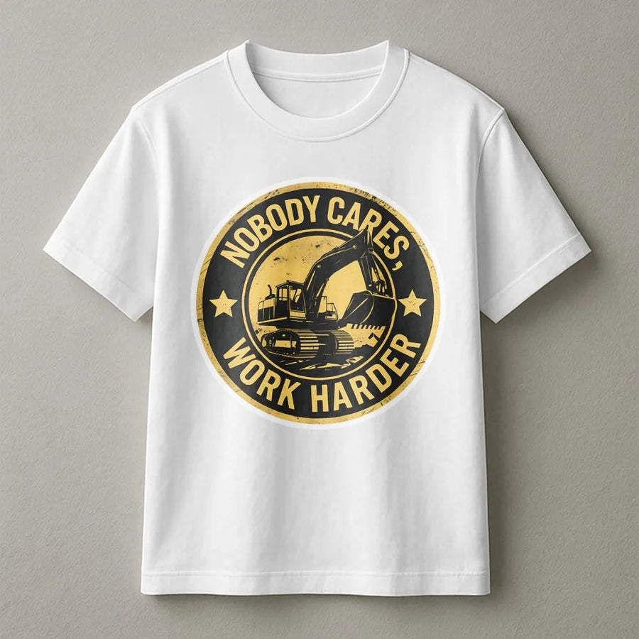 Nobody Cares Work Harder T-Shirt | Excavator Operator Graphic Design | Premium Cotton Heavy Duty Tee | Gift for Construction Workers & Blue Collar
