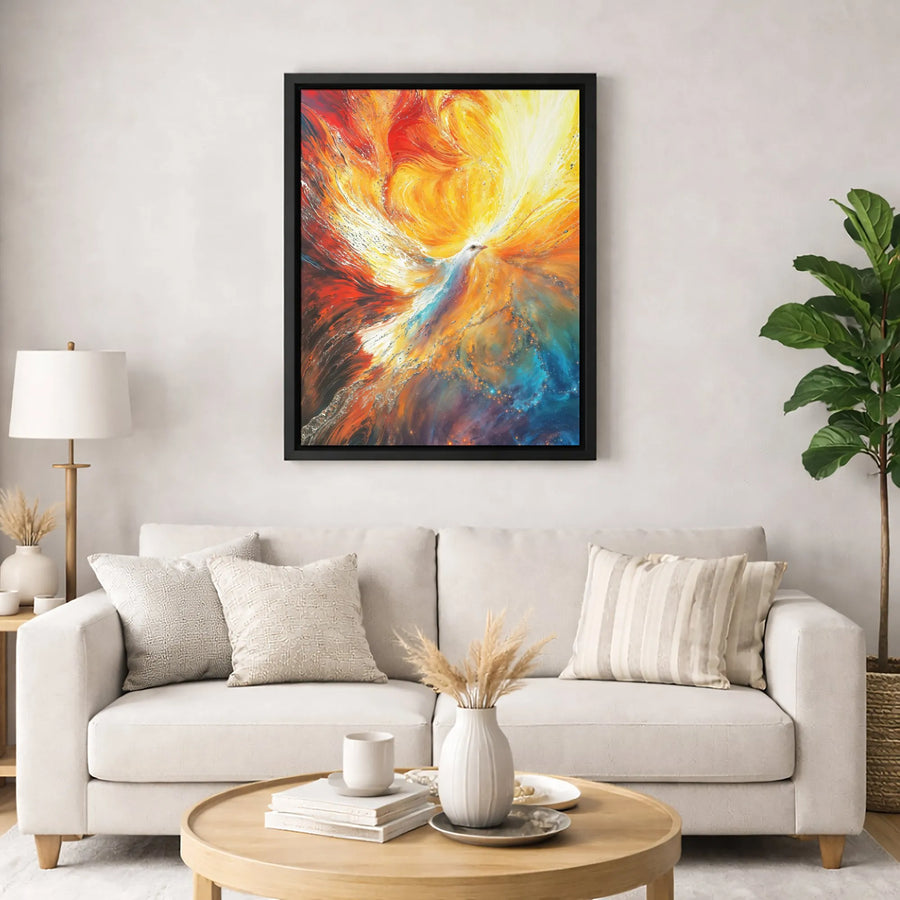 White Dove Canvas Wall Art | Fiery Cosmic Phoenix Abstract Print | Premium Gallery-Wrapped Gallery Quality Decor | Spiritual Home Office Gift