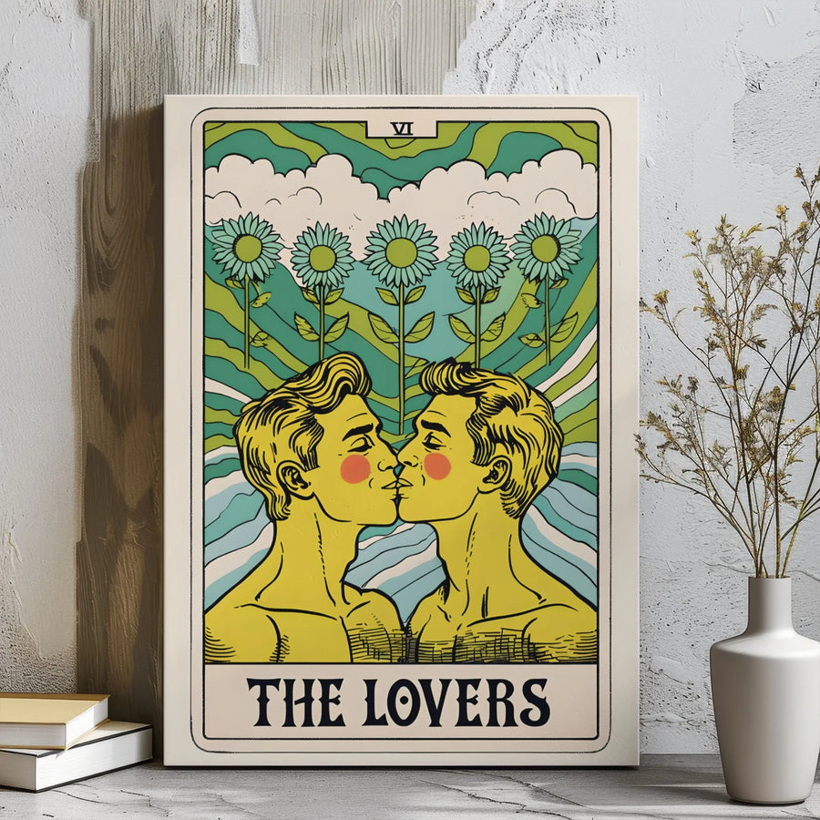 The Lovers Tarot Card Wall Art | Gay Couple Kissing Illustration | Premium Gallery Wrapped Canvas | Spiritual Pride Gift for Home Decor
