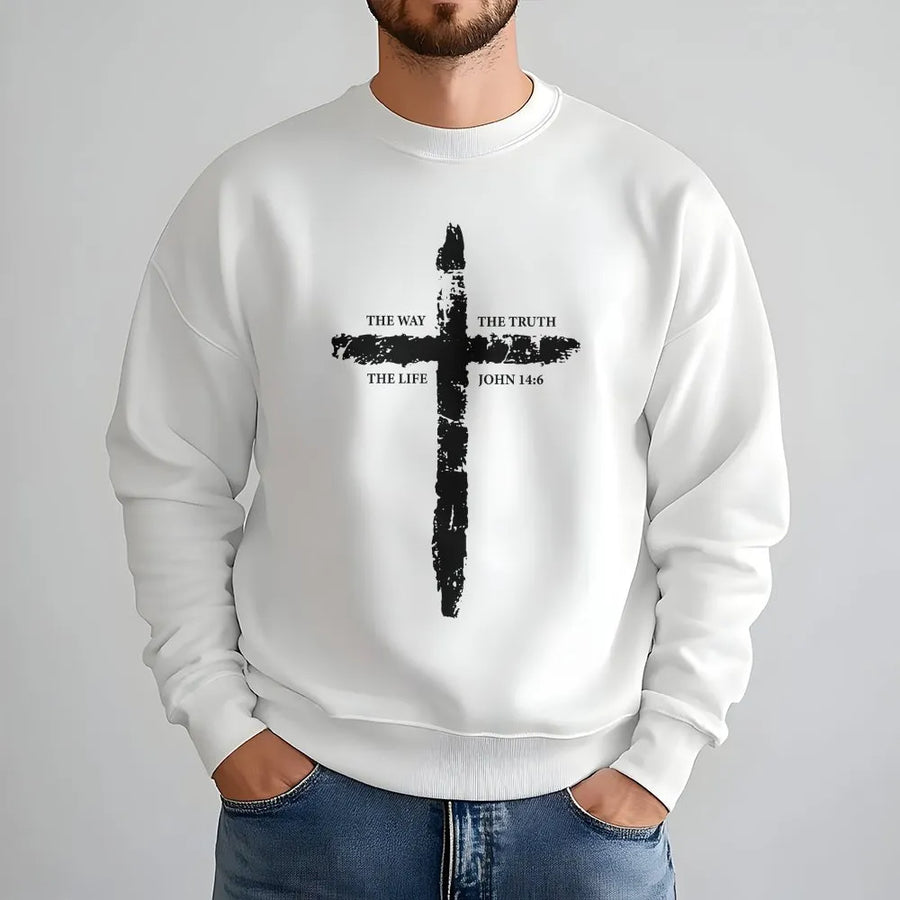 John 14:6 Christian Sweatshirt | The Way The Truth The Life Distressed Cross | Premium Cotton | Minimalist Religious Faith Gift for Men & Women