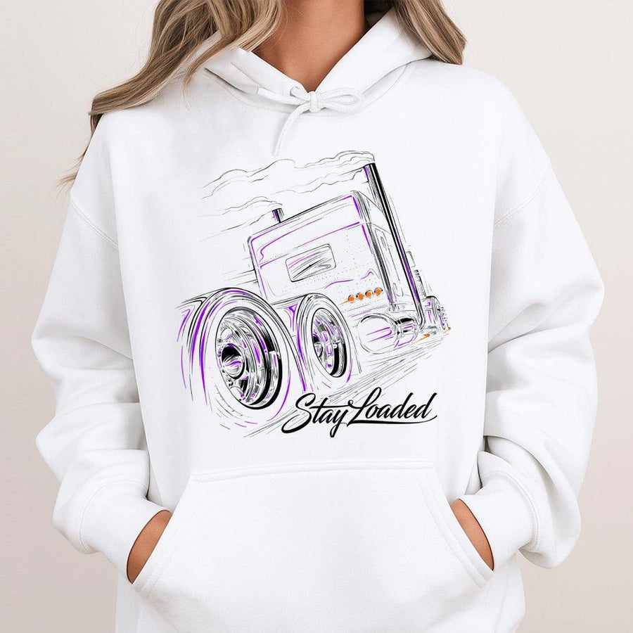 Stay Loaded Trucker Hoodie | Big Rig Neon Graphic Design | Premium Cotton-Blend | Gift for Truck Drivers and Diesel Enthusiasts