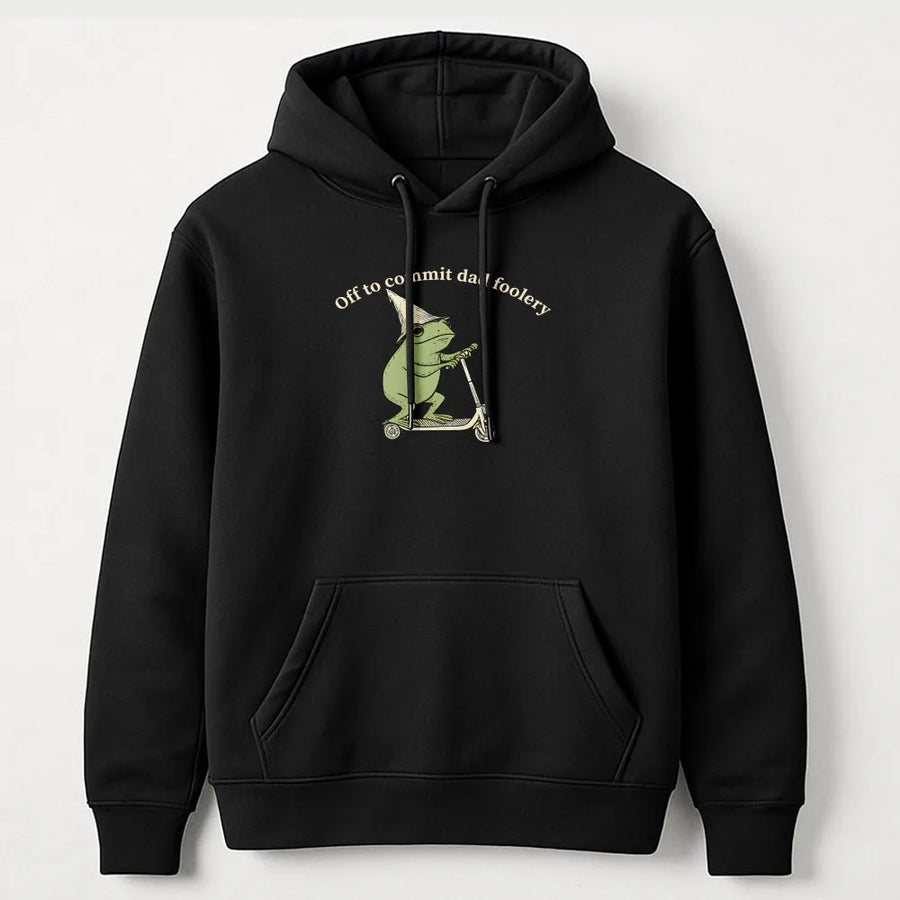 Dad Foolery Hoodie | Funny Frog on Scooter Graphic Crewneck | Soft Cotton Blend | Humorous Gift For Dad, Fathers Day