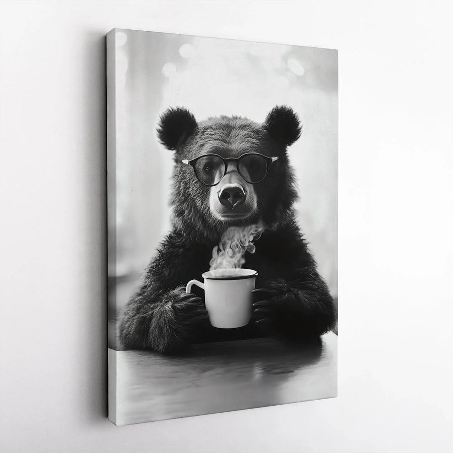Bear Drinking Coffee Canvas Wall Art | Quirky Animal Portrait in Glasses | Premium Gallery Wrap Print | Modern Kitchen and Office Decor Gift
