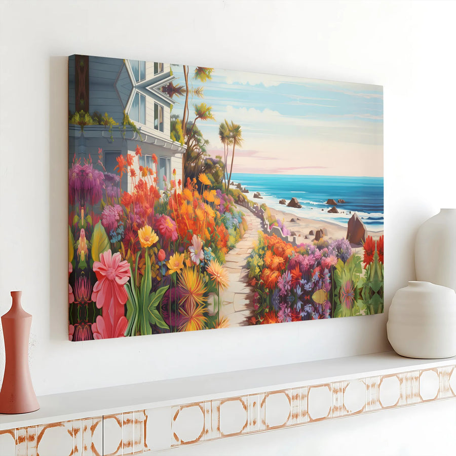 Coastal Beach Path Horizontal Canvas | Vibrant Wildflower Garden Art | Premium 1.25" Stretched Canvas Print | Colorful Ocean Landscape Housewarming Gift