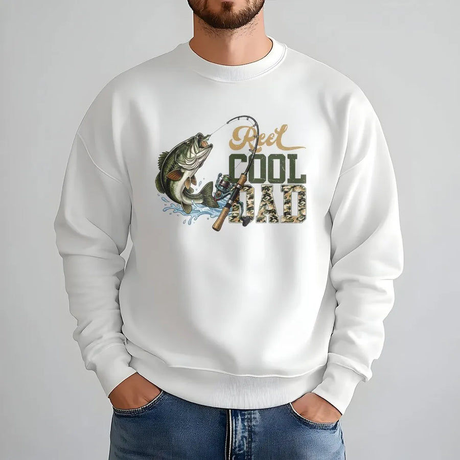 Reel Cool Dad Fishing Sweatshirt | Bass Fish & Rod Graphic | Premium Cotton Blend | Gift for Fisherman Dad
