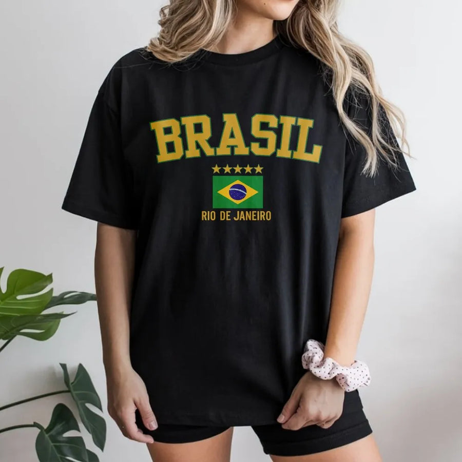 Brazil T-Shirt | Rio de Janeiro Collegiate Style Graphic | Premium Brazilian Flag Crewneck | Unisex Souvenir Travel Gift