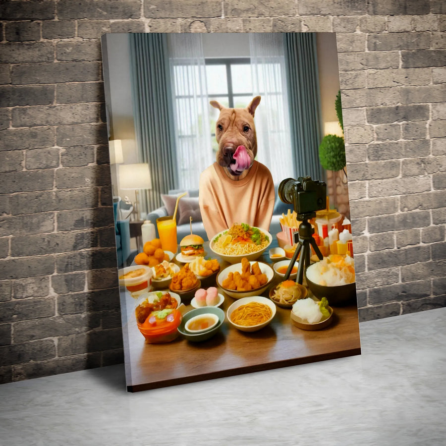 Funny Shar-Pei Dog Mukbang Canvas Wall Art | Whimsical Pet Vlogger Print | Premium Fade-Resistant Gallery Wrap | Unique Gift For Dog Lovers & Foodies