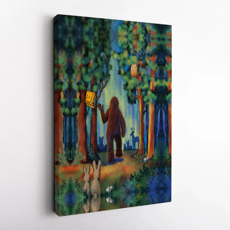 Bigfoot Reading Book Canvas Wall Art | Whimsical Forest Animal Print | Premium 1.25 Inch Gallery Wrap | Unique Gift for Nature Lovers