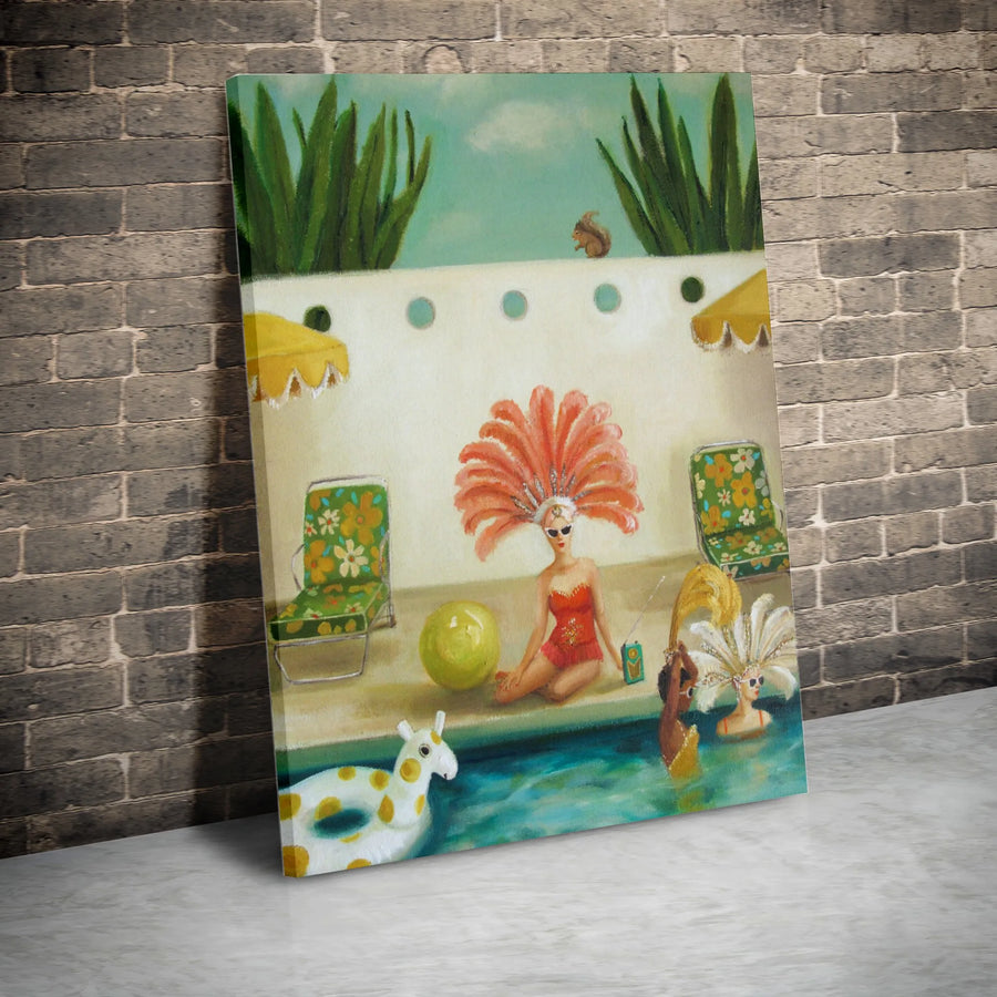 Retro Poolside Party Vertical Canvas | Surreal Mid Century Pool Scene | Premium High-Resolution Canvas Print | Eclectic Wall Art Gift