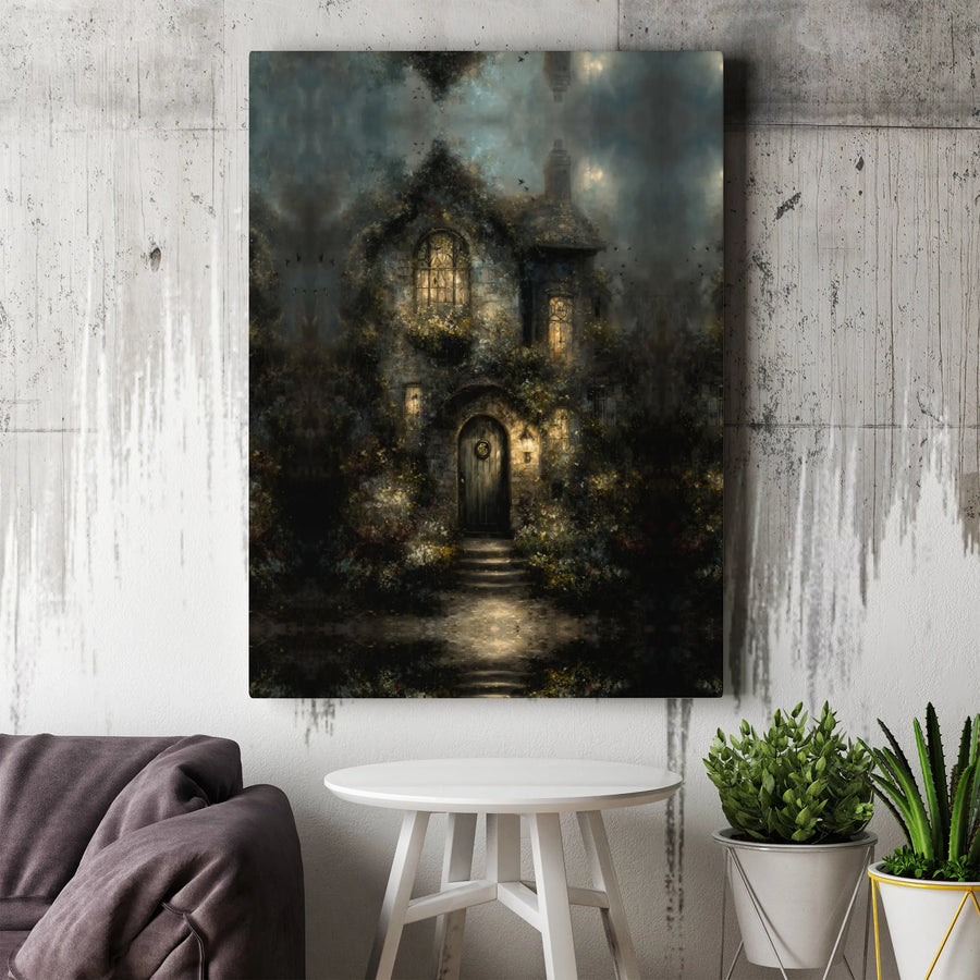 Dark Fantasy Cottage Wall Art | Enchanted Gothic Home Decor | Premium Fade-Resistant Canvas Print | Moody Forest Landscape Gift