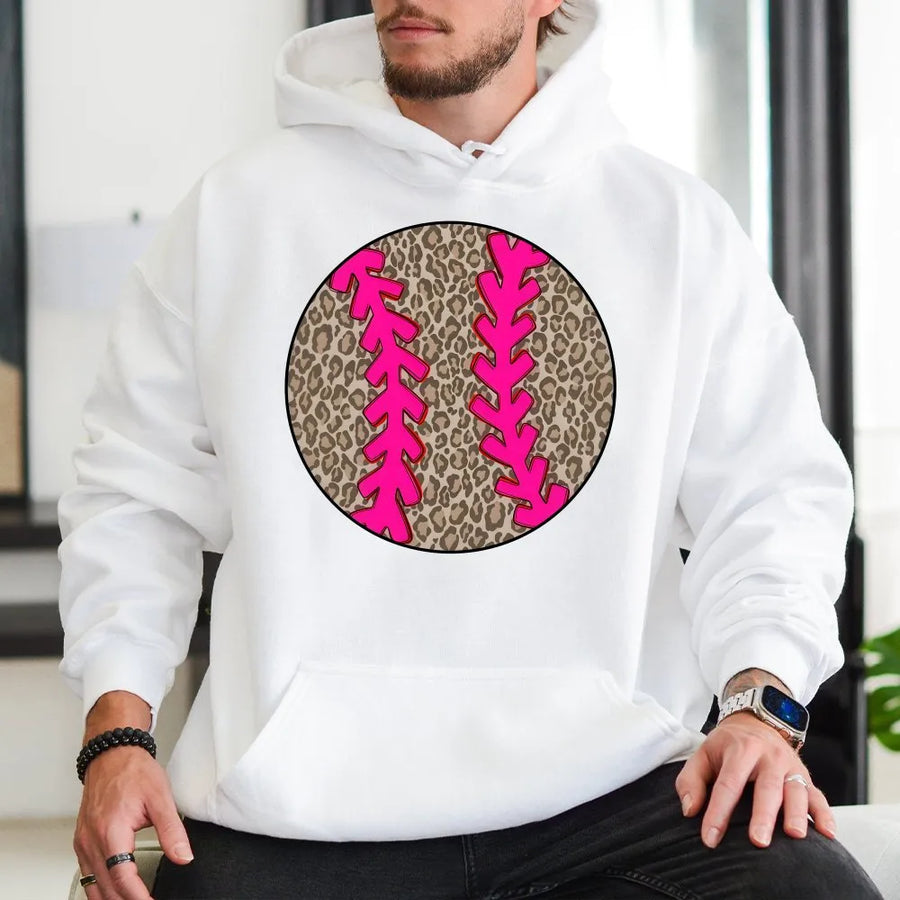 Leopard Print Baseball Hoodie | Cute Cheetah Ball Graphic with Pink Stitching | Premium Soft Cotton Blend | Game Day Gift for Mom