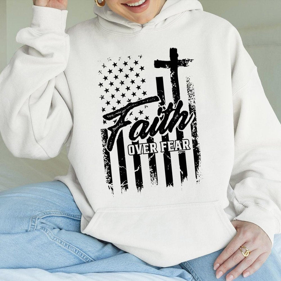 Faith Over Fear Hoodie | American Flag Christian Cross Graphic | Premium Cotton Blend | Patriotic Gift for Men and Women