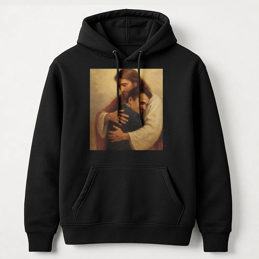 Jesus Hugging Man Hoodie | Christian Faith Graphic Pullover | Premium Cotton Blend Sweatshirt | Religious Apparel Gift for Men and Women